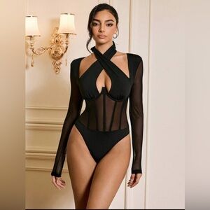 Shein size small  Black underwire Sheer Long Sleeve Bodysuit with snap crotch